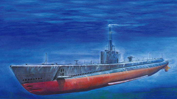 gray and red submarine illustration, boat, art, USA, Navy, combat, engines, underwater, battery, submarine, WW2., class, quality, diesel, duration, patrol, increased, Gato, modified, submarines, HD wallpaper