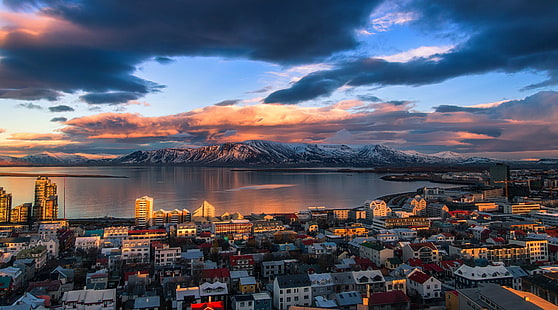 light, mountains, the city, Iceland, Reykjavik, the fjord, HD wallpaper HD wallpaper