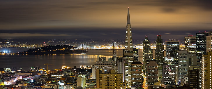 San Francisco, miasto, noc, most San Francisco-Oakland Bay, pejzaż miejski, światła miasta, Tapety HD