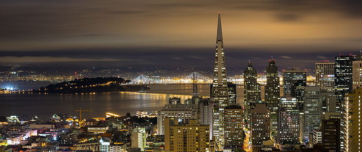 Сан-Франциско, город, ночь, Сан-Франциско-Окленд Бэй Бридж, городской пейзаж, огни города, HD обои HD wallpaper