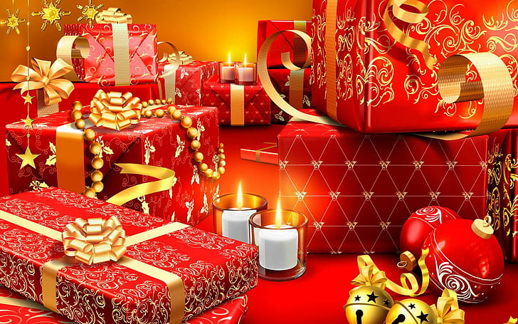 Merry Christmas Everyone!, ribbon, presents, christmas, gold, ornaments, candles, 3d and abstract, HD wallpaper