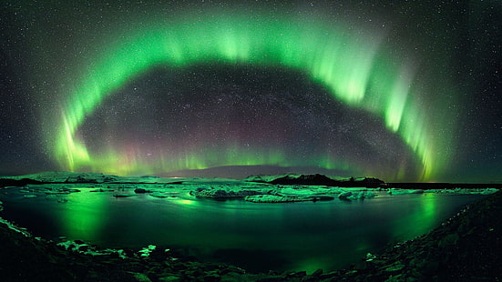 фотография на полярно сияние на водно тяло, полярни сияния, пейзаж, звезди, природа, небе, нощ, HD тапет HD wallpaper