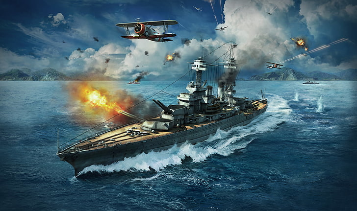 white and brown battleship wallpaper, The sky, Water, Clouds, Mountains, The plane, Smoke, Fire, Fighter, Ship, Colorado, Flame, Art, Shot, Camouflage, Battleship, Wargaming Net, Grumman F3F, WoWS, World of Warships, The World Of Ships, HD wallpaper