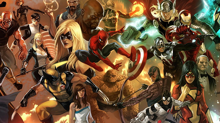 Thor, Iron Man, Marvel Comics, Rzecz, Hawkeye, Czarna Wdowa, Iron Fist, Spider-Man, Pani Marvel, Kapitan Ameryka, Spider Woman, Wolverine, Tapety HD