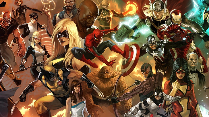 иллюстрация разных персонажей, Росомаха, Человек-паук, Соколиный Глаз, Железный Человек, Тор, Капитан Америка, Черная Вдова, Комиксы Marvel, Женщина-Паук, Мисс Марвел, Железный Кулак, Вещь, Люк Кейдж, HD обои