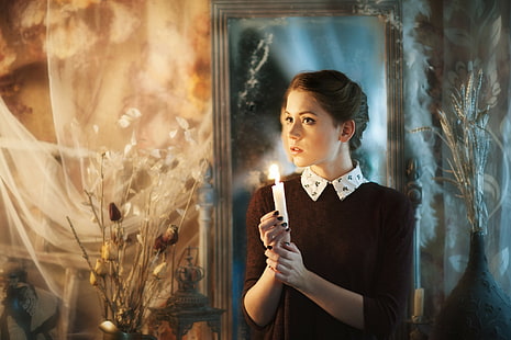 świece, fantasy girl, kobiety, pomalowane paznokcie, lustro, Maxim Maximov, Ksenia Kokoreva, Tapety HD HD wallpaper
