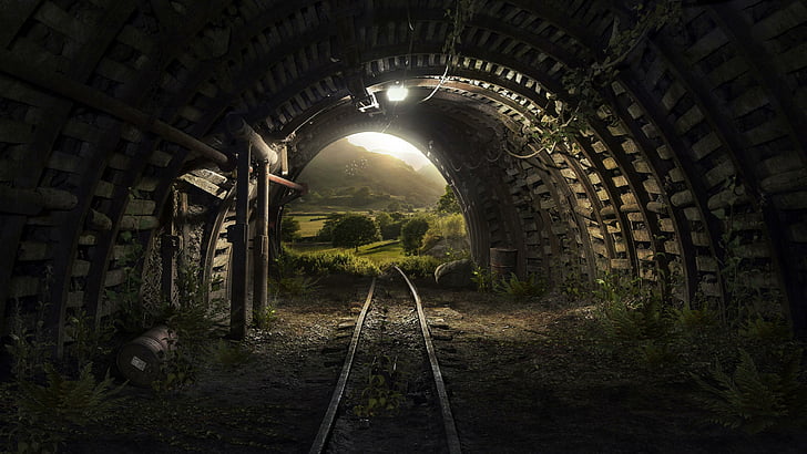 tunnel, pistes, lumière, arbres, obscurité, rails, exploitation minière, mine, piste, voie ferrée, éclairage, obscurité, Fond d'écran HD