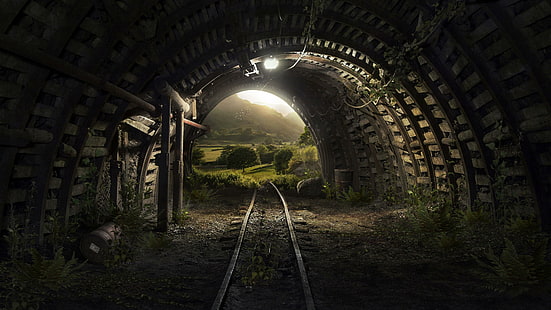 tunnel, tracks, light, trees, dark, rails, mining, mine, track, railway track, lighting, darkness, HD wallpaper HD wallpaper
