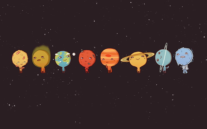 solar system cartoon clip art, universe, planet, emotion, minimalism, Solar System, humor, space, stars, Sun, space art, artwork, HD wallpaper