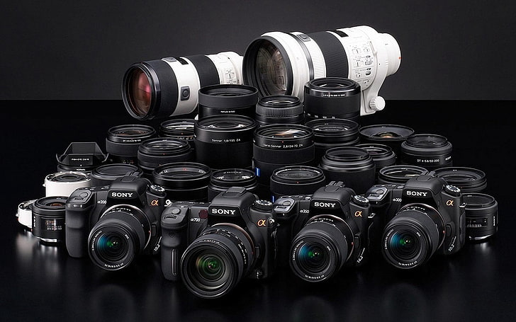câmeras Sony DSLR pretas, lente, branco, azul, preto, câmera, HD papel de parede