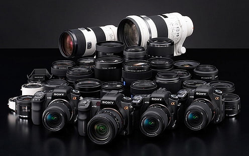 black Sony DSLR cameras, lens, white, blue, black, camera, HD wallpaper HD wallpaper