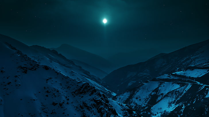 ilustracja biała góra, pasmo górskie pod nocnym niebem i księżyc w pełni, góry, natura, krajobraz, księżyc, niebo, noc, śnieg, Tapety HD