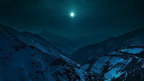 ภาพประกอบภูเขาสีขาว, เทือกเขาภายใต้ท้องฟ้ายามค่ำคืนและพระจันทร์เต็มดวง, ภูเขา, ธรรมชาติ, ภูมิทัศน์, ดวงจันทร์, ท้องฟ้า, กลางคืน, หิมะ, วอลล์เปเปอร์ HD HD wallpaper