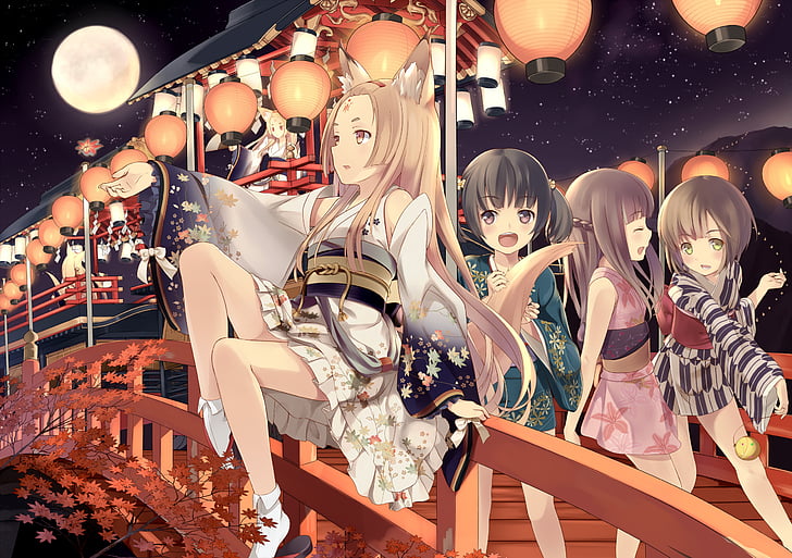 animal, autumn, clothes, ears, festival, japanese, kimono, leaves, moon, night, original, stars, supertie, HD wallpaper