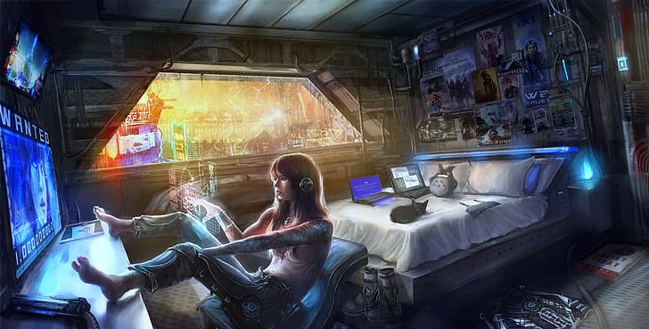 cyberpunk, ห้องนอน, เทคโนโลยี, อนาคต, วอลล์เปเปอร์ HD