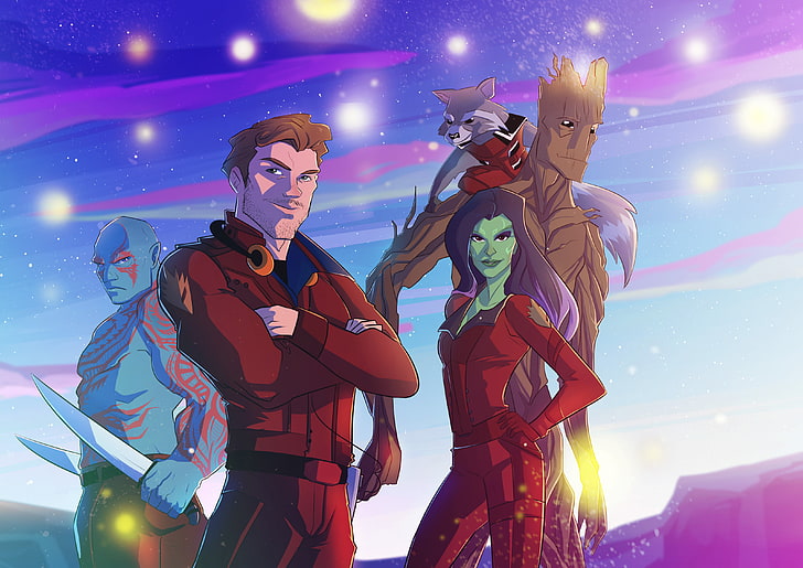 Guardiões da Galáxia papel de parede digital, arte, Foguete, Peter Quill, Senhor das Estrelas, Gamora, Groot, Drax, guardiões da galáxia, HD papel de parede