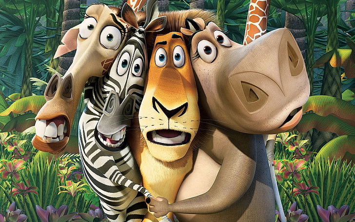 Мадагаскарски плакат, хипопотам, Лъв, Глория, Мадагаскар, Алекс, Мелман, Жираф, Марти, Зебра, HD тапет
