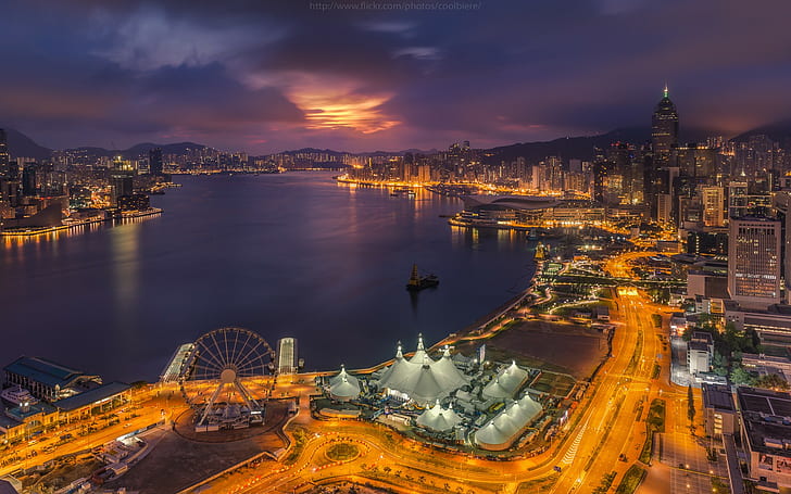 香港の都市景観、都市の建物、香港、都市景観、ライト、夜、最近、都市、建築、 HDデスクトップの壁紙
