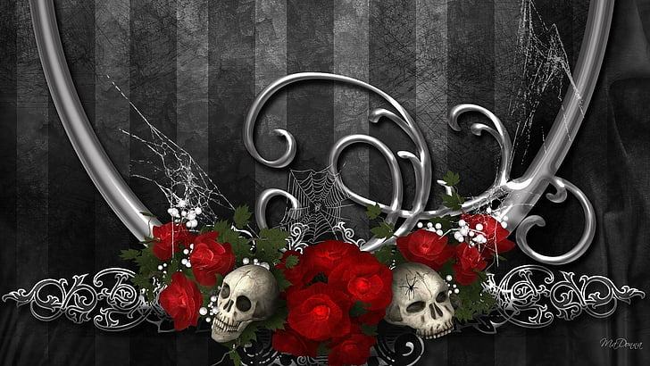 Dark, Gothic, Artistic, Design, Red Flower, Rose, Skull, HD wallpaper