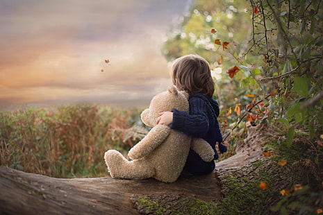 autumn, nature, toy, boy, bear, log, child, Teddy bear, HD wallpaper HD wallpaper