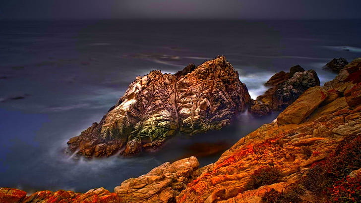 Pinnacle Cove Seashore Hdr, бурые скальные образования в толще воды, берега, скал, природы и ландшафтов, HD обои