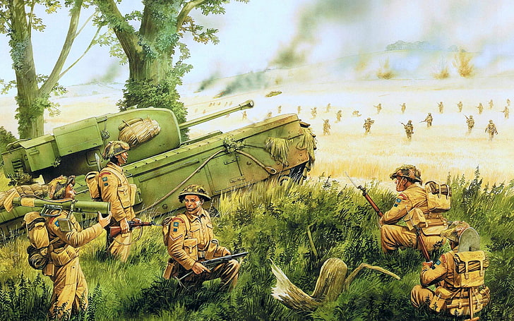 żołnierz i czołgi bojowe tapeta cyfrowa, sztuka, artysta, żołnierze, czołg, II wojna światowa, Churchill, piechota, czołg piechoty, Bitwa o Caen, 31. brygada pancerna, Mk IV Churchill, 28 czerwca 1944 r., wspiera piechotę, Królewski pułk Szkocji, Peter Dennis, Tapety HD