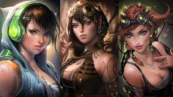collage de tres personajes de anime femenino, Sakimichan, auriculares, tatuaje, escote, collage, Fondo de pantalla HD
