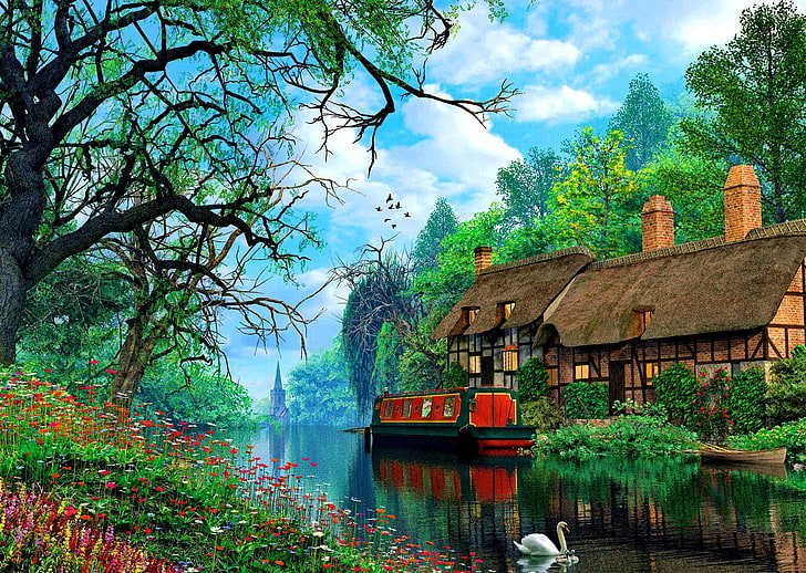 Buildings, House, Canal, Flower, Reflection, Swan, Thatched Roof, Tree, HD wallpaper