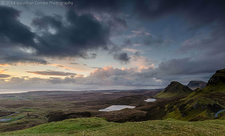 body of water mountain in distance under cloudy sky at daytime, Trotternish, body of water, mountain, distance, cloudy, daytime, Isle-Of-Skye, landscape, Quiraing, Nikon  D7000, Sigma, sunrise, rain, nature, cloud - Sky, scenics, outdoors, sky, cloudscape, hill, sunset, summer, beauty In Nature, grass, HD wallpaper