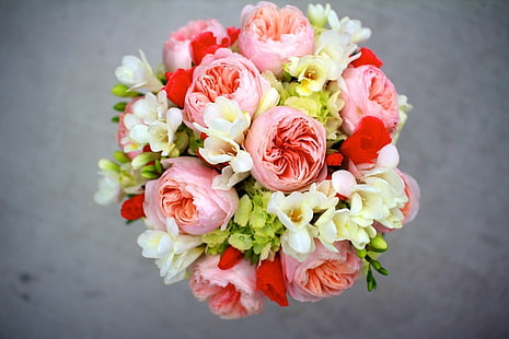 розови рози и бели цветя фрезия букет, фрезия, божури, цветя, букет, HD тапет HD wallpaper