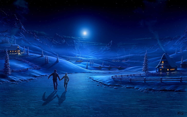 two person holding hands walking near houses, night, ice, pair, light, moon, skating rink, art, lodge, smoke, HD wallpaper