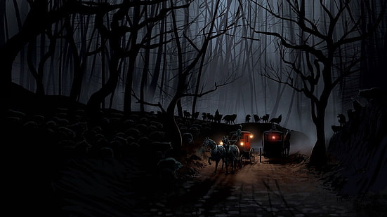 carruagens de cavalos ilustração, transporte, madeira, noite, lobos, vôo, HD papel de parede HD wallpaper