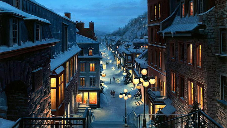 town, winter, neighbourhood, sky, evening, home, city, alley, snow, house, street, night, building, metropolis, christmas, christmas tree, HD wallpaper