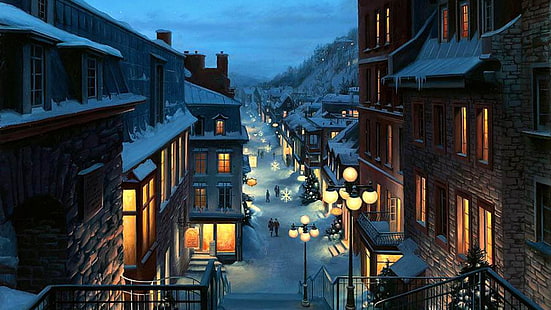المدينة ، الشتاء ، الحي ، السماء ، المساء ، المنزل ، المدينة ، الزقاق ، الثلج ، المنزل ، الشارع ، الليل ، المبنى ، المدينة ، الكريسماس ، شجرة عيد الميلاد، خلفية HD HD wallpaper