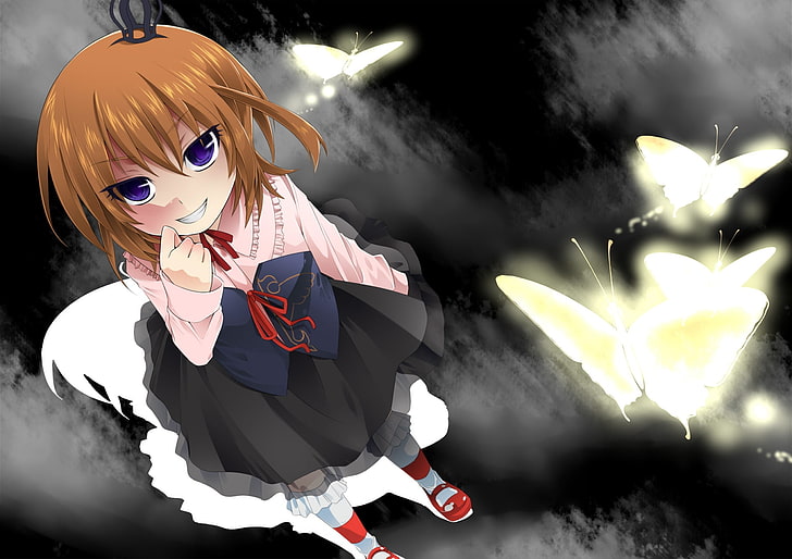 weibliche Zeichentrickfigur Tapete, umineko no naku koro ni, wenn Möwen weinen, Mädchen, Lächeln, Schmetterlinge, HD-Hintergrundbild