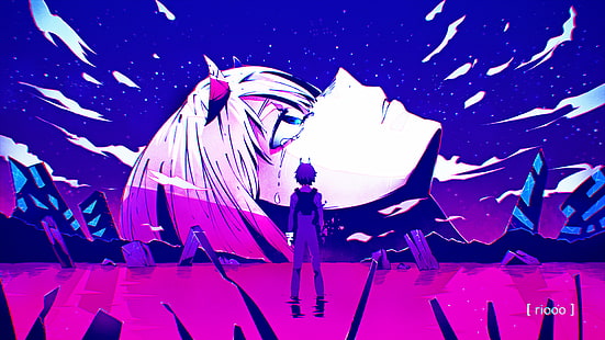 anime, anime boys, anime girls, Darling in the FranXX, Zero Two (Darling in the FranXX), Zero Two, Code:002, artwork, digital art, pink, blue, HD wallpaper HD wallpaper