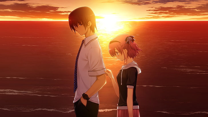 męska postać z anime obok ilustracji dziewczyny, chłopiec, dziewczyna, smutny, zachód słońca, morze, Tapety HD