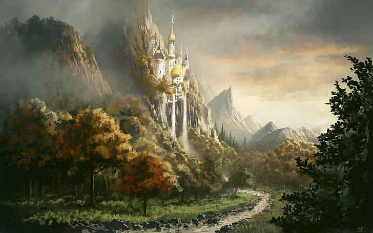 castillo, obras de arte, camino, arte de fantasía, árboles, cascada, Fondo de pantalla HD