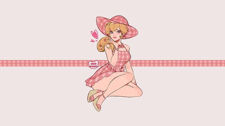 video games, video game girls, Nintendo, long hair, hat, bangs, blunt bangs, Super Mario, alternate costume, plaid, plaid dress, dress, pink dress, armlet, shoes, heels, thighs, thick thigh, ribbon, necklace, heart eyes, earring, pink nails, painted nails, blonde, simple background, HD wallpaper