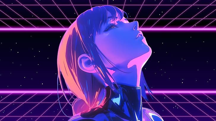Weltraum, lila Hintergrund, lila Haare, Anime-Mädchen, Anime, Cyberpunk, HD-Hintergrundbild