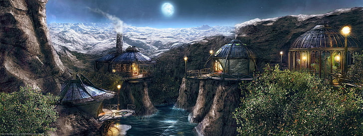 digital illustration of black buildings on peak mountain, video games, Myst, HD wallpaper