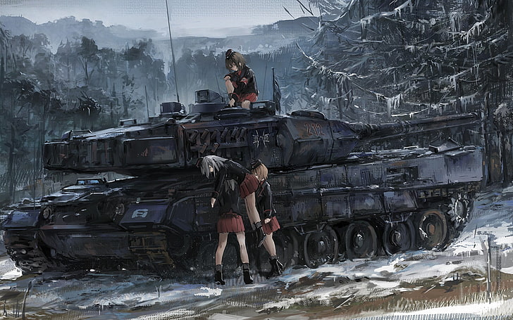 tank, Girls und Panzer, winter, forest, artwork, Nishizumi Maho, Itsumi Erika, HD wallpaper