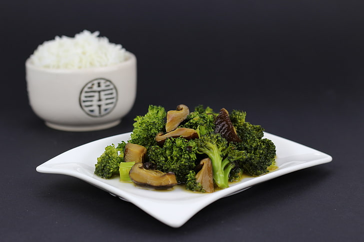 white ceramic plate, rice, broccoli, mushrooms, dinner, HD wallpaper