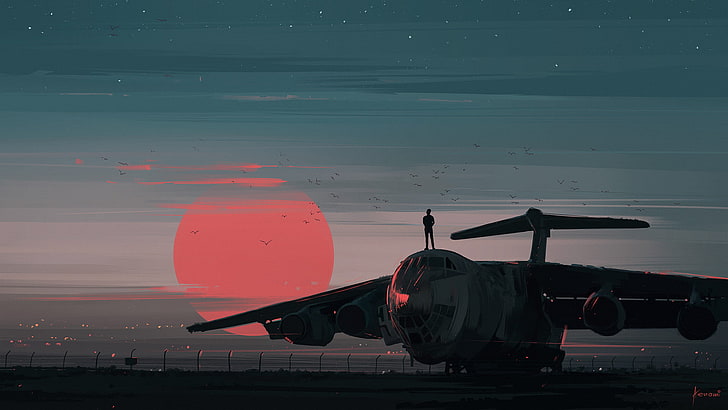 white airplane, man standing on plane, airplane, digital art, Aenami, sunset, sky, birds, landscape, illustration, red, air, Sun, il-76, HD wallpaper