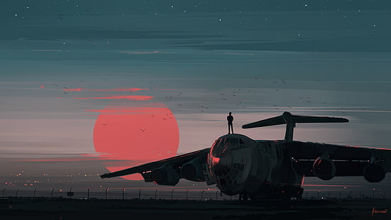 white airplane, man standing on plane, airplane, digital art, Aenami, sunset, sky, birds, landscape, illustration, red, air, Sun, il-76, HD wallpaper HD wallpaper