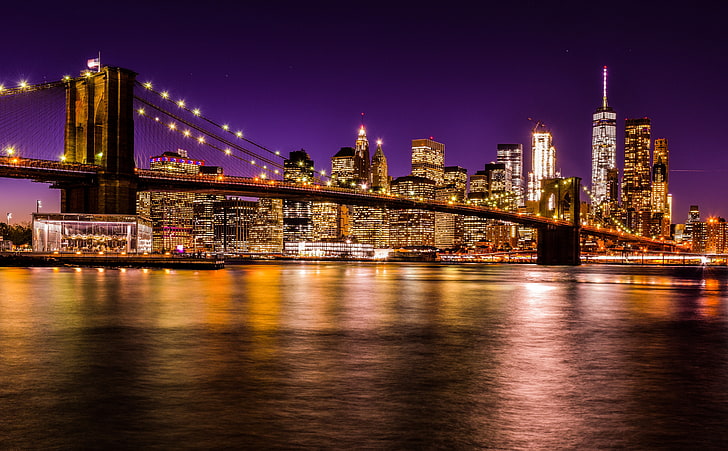 Brooklyn Bridge at Night, Brooklyn Bridge, New York, City, Travel, Purple, Night, River, Urban, Bridge, Brooklyn, Reflection, Manhattan, Skyline, Explore, Tour, visit, unitedstates, newyork, longexposure, landmark, eastriver, oldestbridges, touristattractions, HD wallpaper