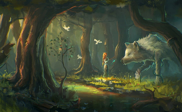 ファンタジーアート、女の子、オオカミ、森、オオカミと女性の絵画、ファンタジーアート、女の子、オオカミ、森、 HDデスクトップの壁紙