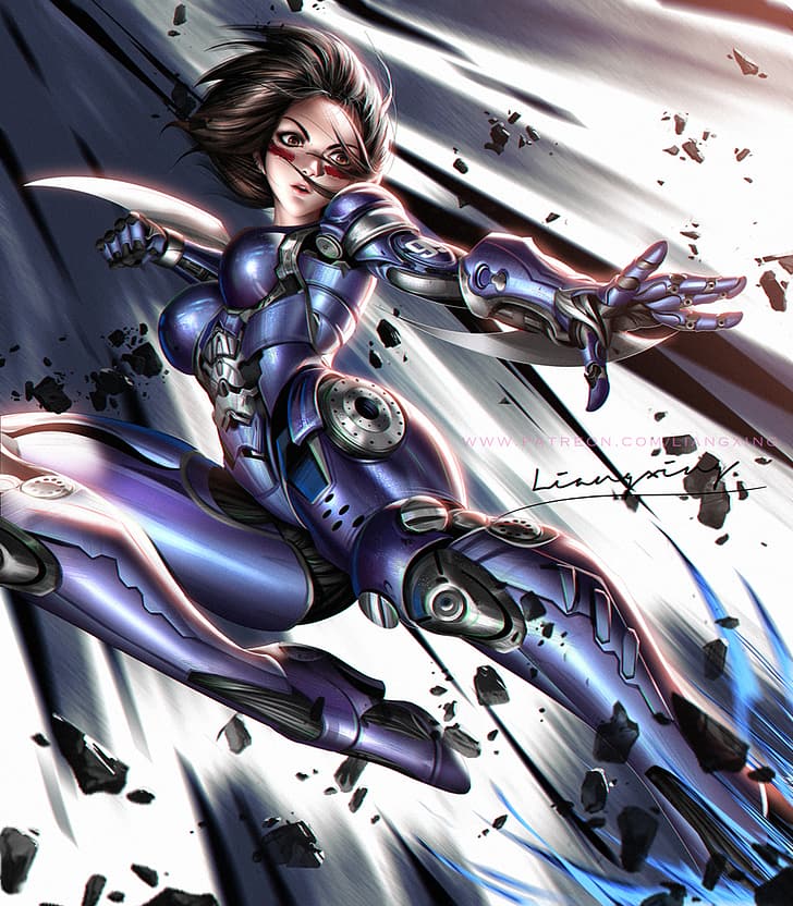 Liang-Xing, drawing, Alita, Alita: Battle Angel, androids, short hair, fighting, low-angle, weapon, blades, face paint, HD wallpaper