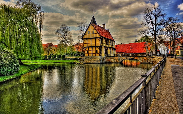 Germany, Architecture, Beauty, Bridge, Clouds, Colorful, Colors, Grass, Green, Home, House, Reflection, River, Road, Sky, Town, Trees, View, Water, Hdr, HD wallpaper