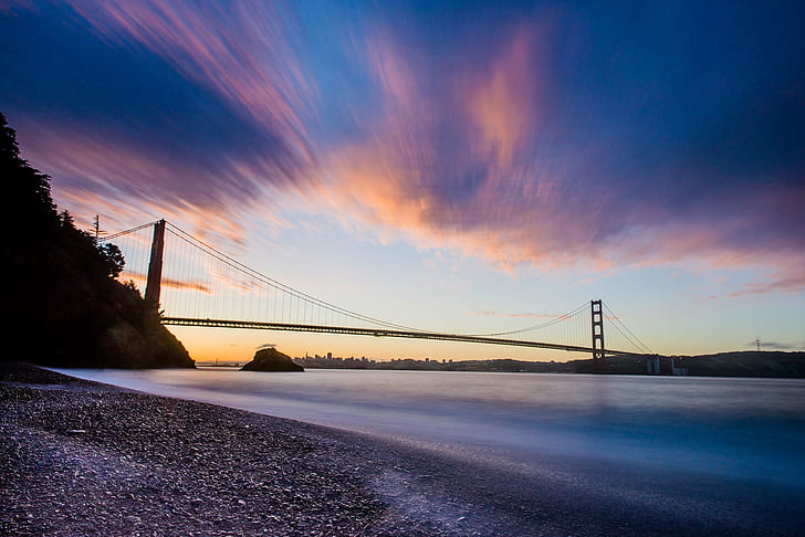 timelapse photo of golden gate during sunset, Blue and Gold, White, Pink, timelapse, photo, golden gate, sunset, kirby, cove, Marin Headlands, hike, SF, Long Exposure, Lee, Filter, bridge - Man Made Structure, famous Place, uSA, suspension Bridge, california, san Francisco County, sea, sky, dusk, HD wallpaper
